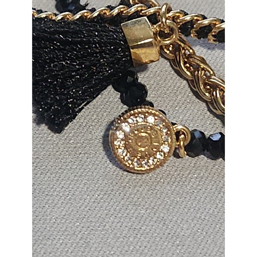 Henri Bendel Multi Strand Black Bead Gold Tone Chain Tassel Charm Bracelet - Picture 5 of 11